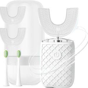 yeklike Sonic Electric U Shaped Toothbrush for Adults. Automatic Full Mouth Cleaning Toothbrush. 360° Stain Removal. IPX7 Waterproof Rechargeable. 3 U-Shape & 2 Straight Brush Heads (White - Cup) : Health & Household