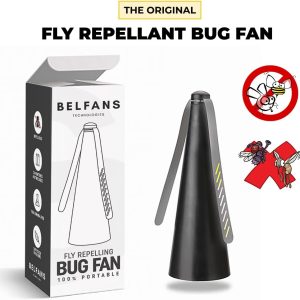 Belfans FlyRepellent Fan for Tables – Rechargable/USB Powered, Soundless Fly Swatter with Holographic Blades and Portable Fly Fan for Bees, Wasps & Outdoor Use (Black)