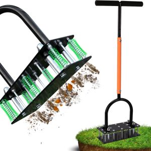 Lawn Aerator, Automatic Dirt and Leaf Clean Design, Heavy Duty Manual Lawn Aerator Tool with 15 Iron Spikes, Height Adjustable, Yard Grass Aerator for Lawn(Black with Orange)